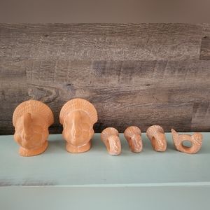 2 Vintage Terra Cotta Turkey Figurines And 4 Napkin Holders